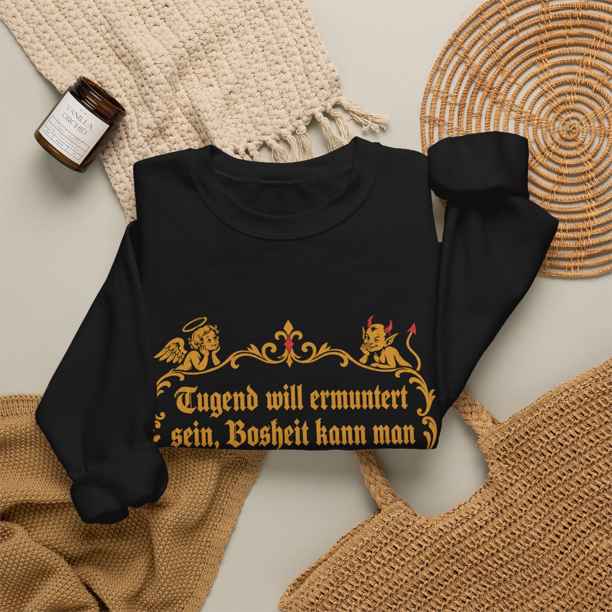 Unisex Sweatshirt mit Zitat - Busch - Tugend und Bosheit – folded-2