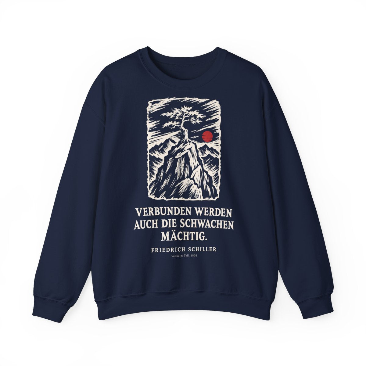 Unisex Sweatshirt mit Zitat - Schiller - Verbunden werden auch die Schwachen mächtig Holzschnitt – front