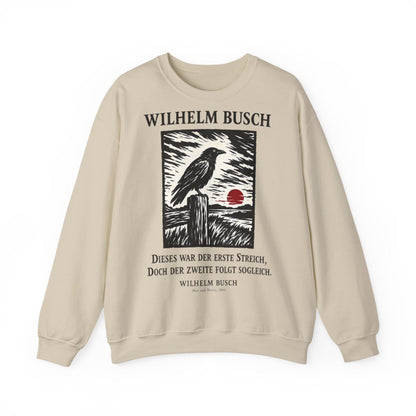 Unisex Sweatshirt mit Zitat - Busch - Dieses war der erste Streich Holzschnitt – front