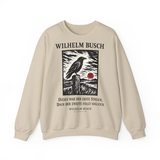 Unisex Sweatshirt mit Zitat - Busch - Dieses war der erste Streich Holzschnitt – front