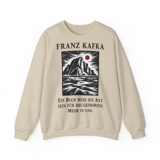 Unisex Sweatshirt mit Zitat - Kafka - Ein Buch muss die Axt Holzschnitt – front