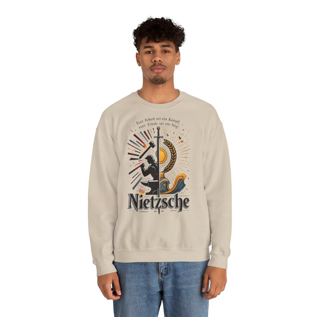Unisex Sweatshirt mit Zitat - Nietzsche - Arbeit sei ein Kampf – person-2