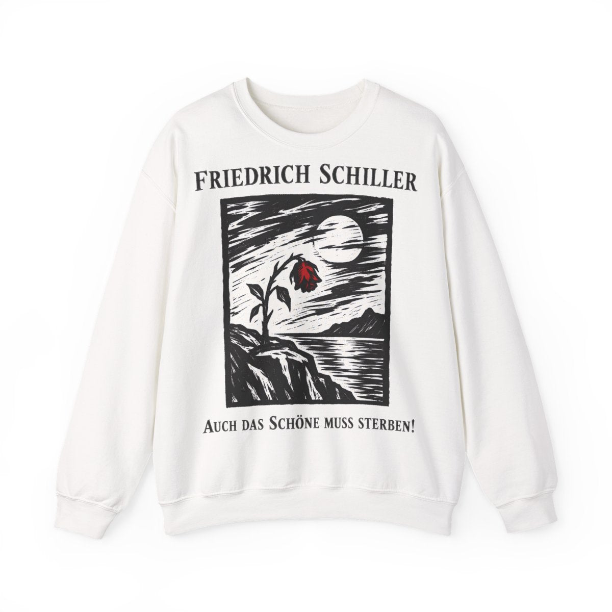 Unisex Sweatshirt mit Zitat - Schiller - Auch das Schöne muss sterben Holzschnitt – front