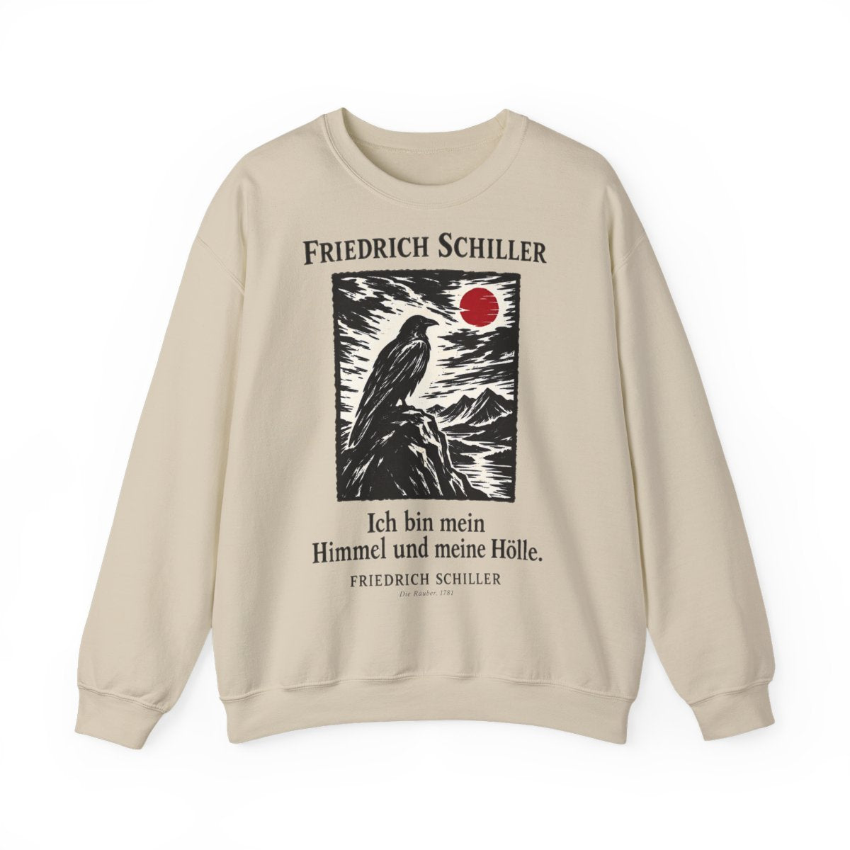 Unisex Sweatshirt mit Zitat - Schiller - Ich bin mein Himmel und meine Hölle Holzschnitt – front