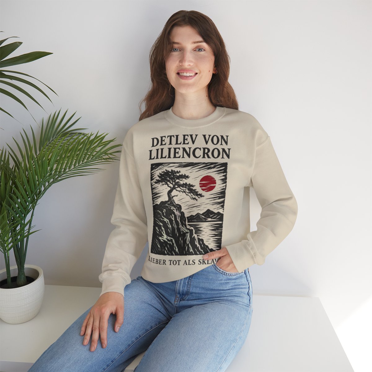 Unisex Sweatshirt mit Zitat - Liliencron - Lieber tot als Sklave Holzschnitt – lifestyle