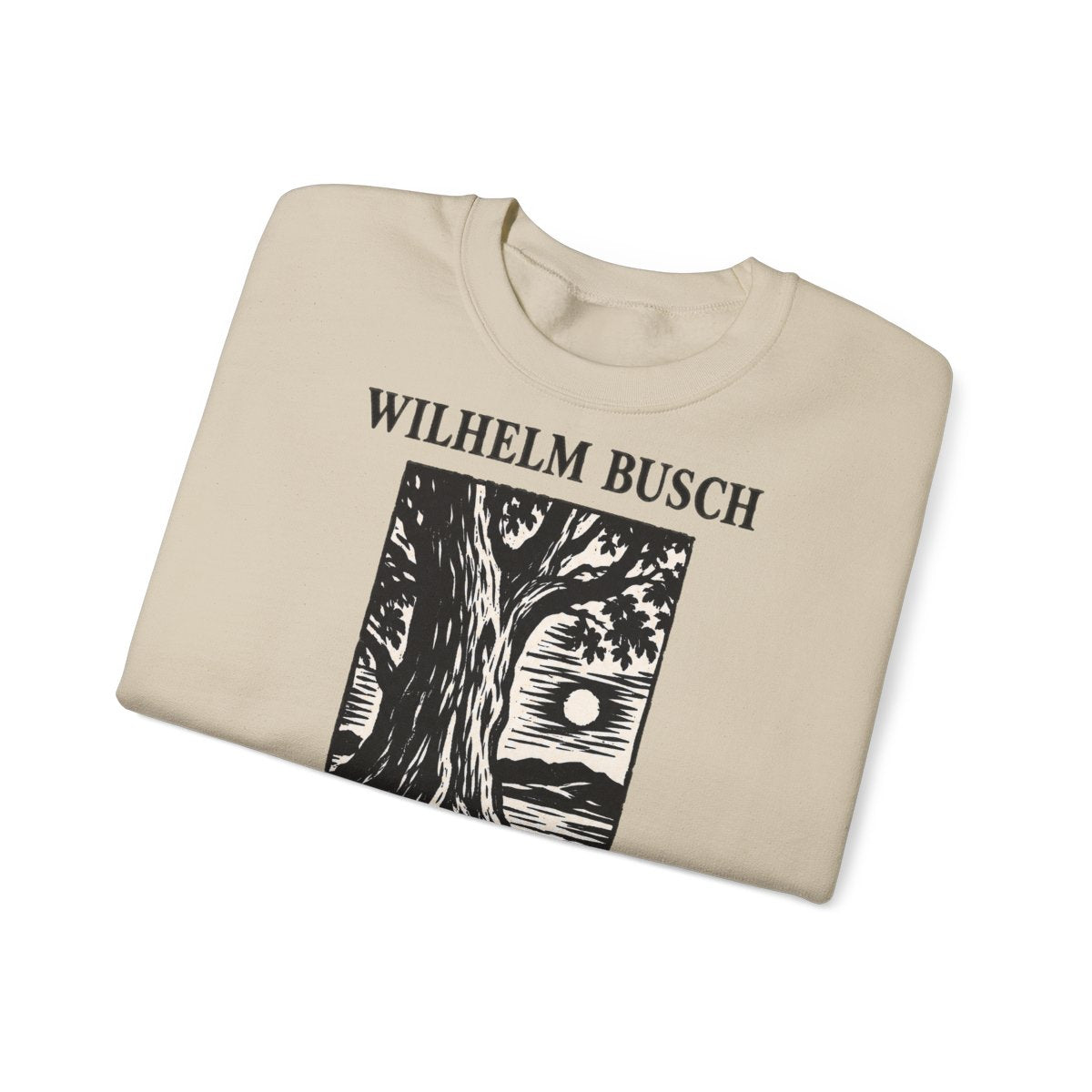 Unisex Sweatshirt mit Zitat - Busch - Alte Bäume behämmert der Specht am meisten Holzschnitt – folded