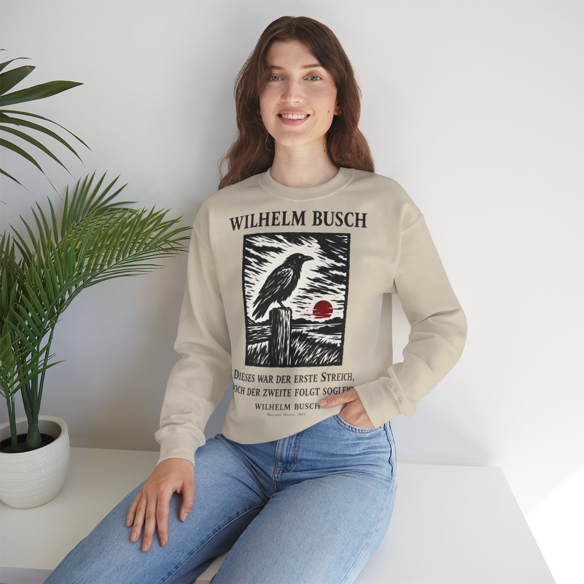 Unisex Sweatshirt mit Zitat - Busch - Dieses war der erste Streich Holzschnitt – lifestyle