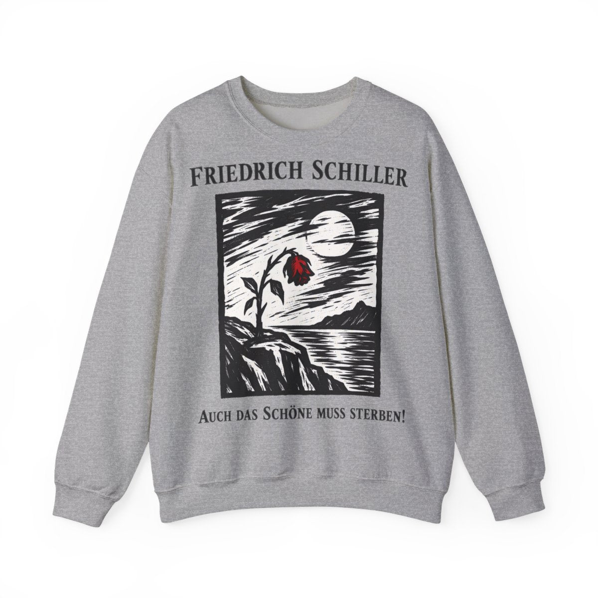 Unisex Sweatshirt mit Zitat - Schiller - Auch das Schöne muss sterben Holzschnitt – front