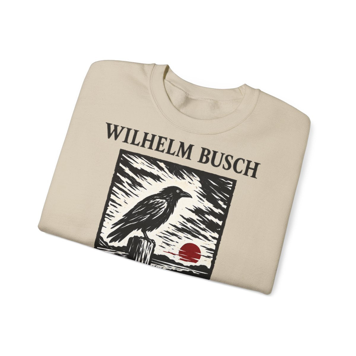Unisex Sweatshirt mit Zitat - Busch - Dieses war der erste Streich Holzschnitt – folded