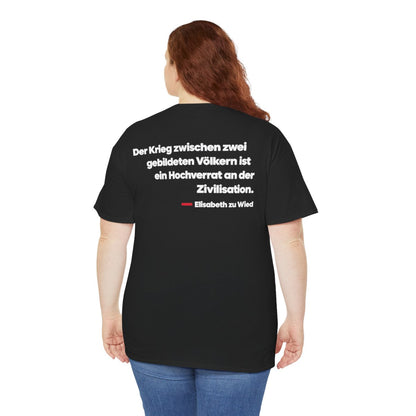 Unisex T-Shirt mit Zitat - Wied - Der Krieg zwischen zwei gebildeten (Druck hinten) – person-5-back