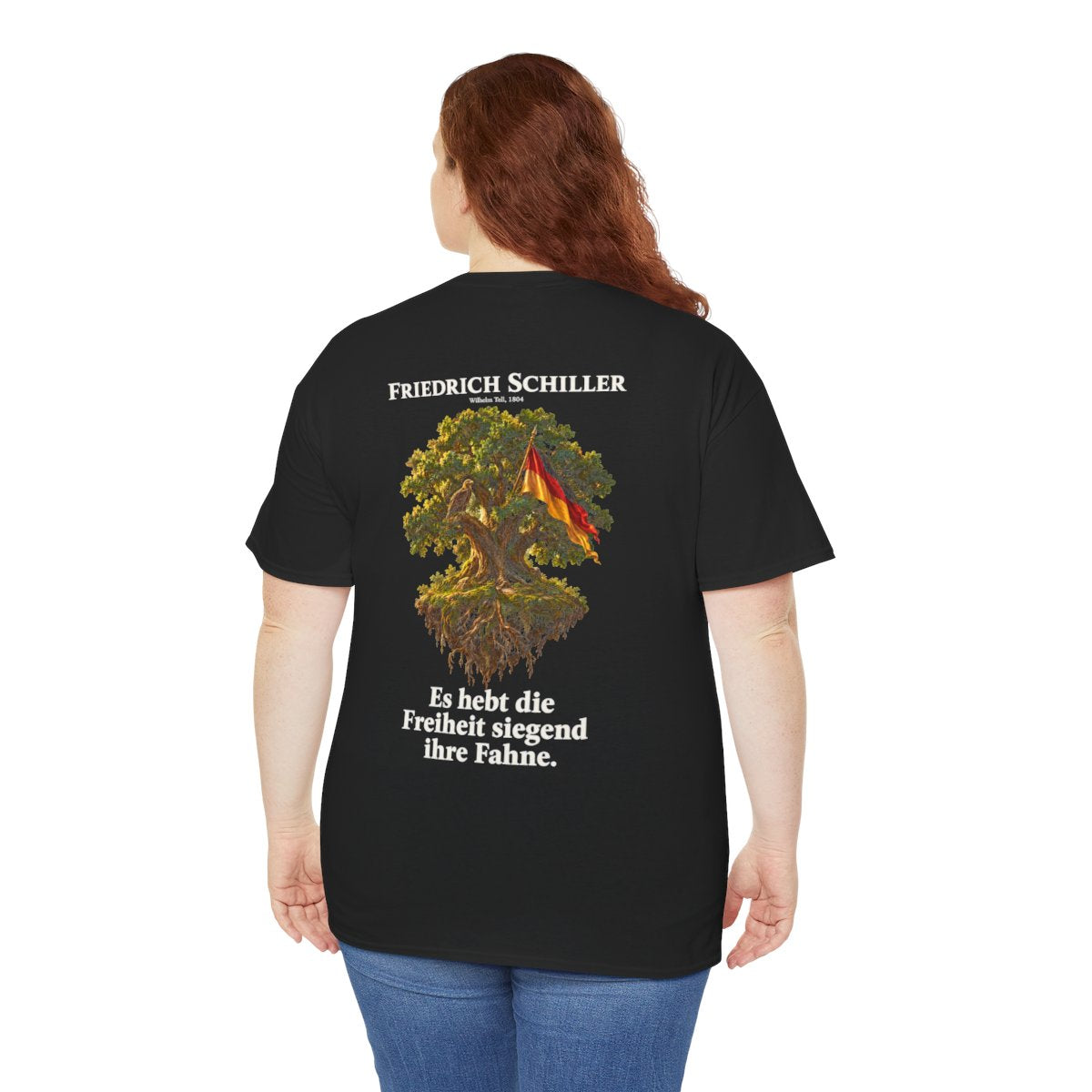 Unisex T-Shirt mit Zitat - Schiller - Es hebt die Freiheit siegend ihre Fahne (Druck hinten) – person-5-back
