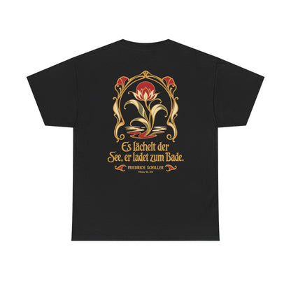 Unisex T-Shirt mit Zitat - Schiller - Es lächelt der See Jugendstil (Druck hinten) – back