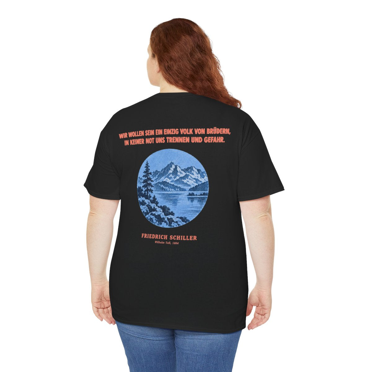 Unisex T-Shirt mit Zitat - Schiller - Wir wollen sein ein einzig (Druck hinten) – person-5-back
