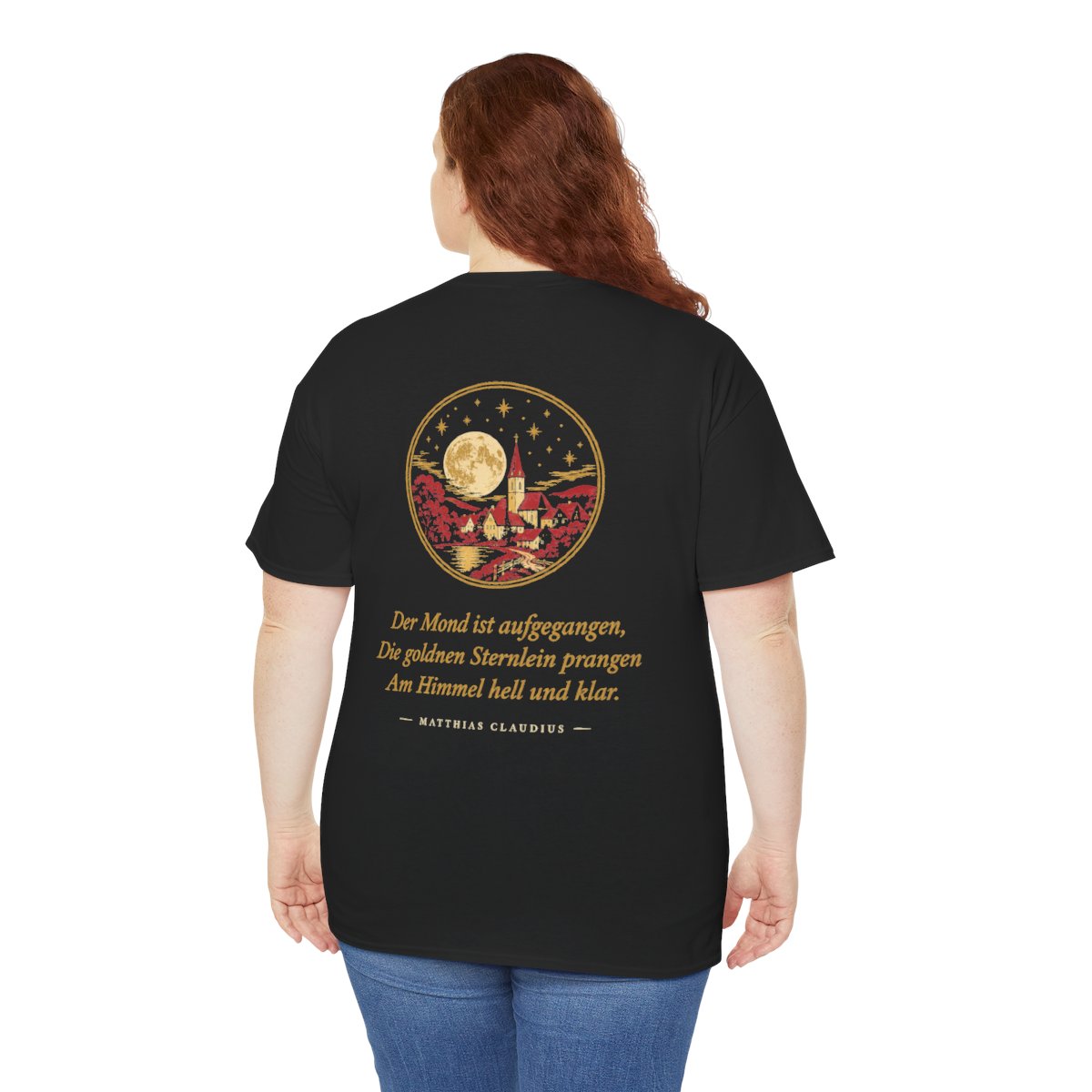 Unisex T-Shirt mit Zitat - Claudius - Der Mond ist aufgegangen (Druck hinten) – person-5-back