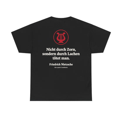 Unisex T-Shirt mit Zitat - Nietzsche - Nicht durch Zorn Symbol (Druck hinten) – back