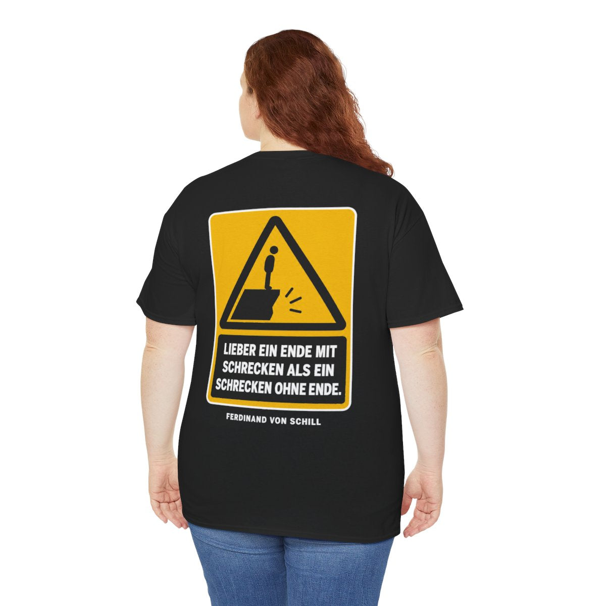 Unisex T-Shirt mit Zitat - Schill - Lieber ein Ende mit Schrecken (Druck hinten) – person-5-back