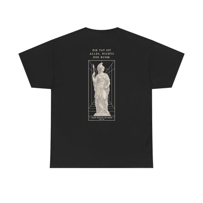 Unisex T-Shirt mit Zitat - Goethe - Die Tat ist alles, nichts der Ruhm (Druck hinten) – back