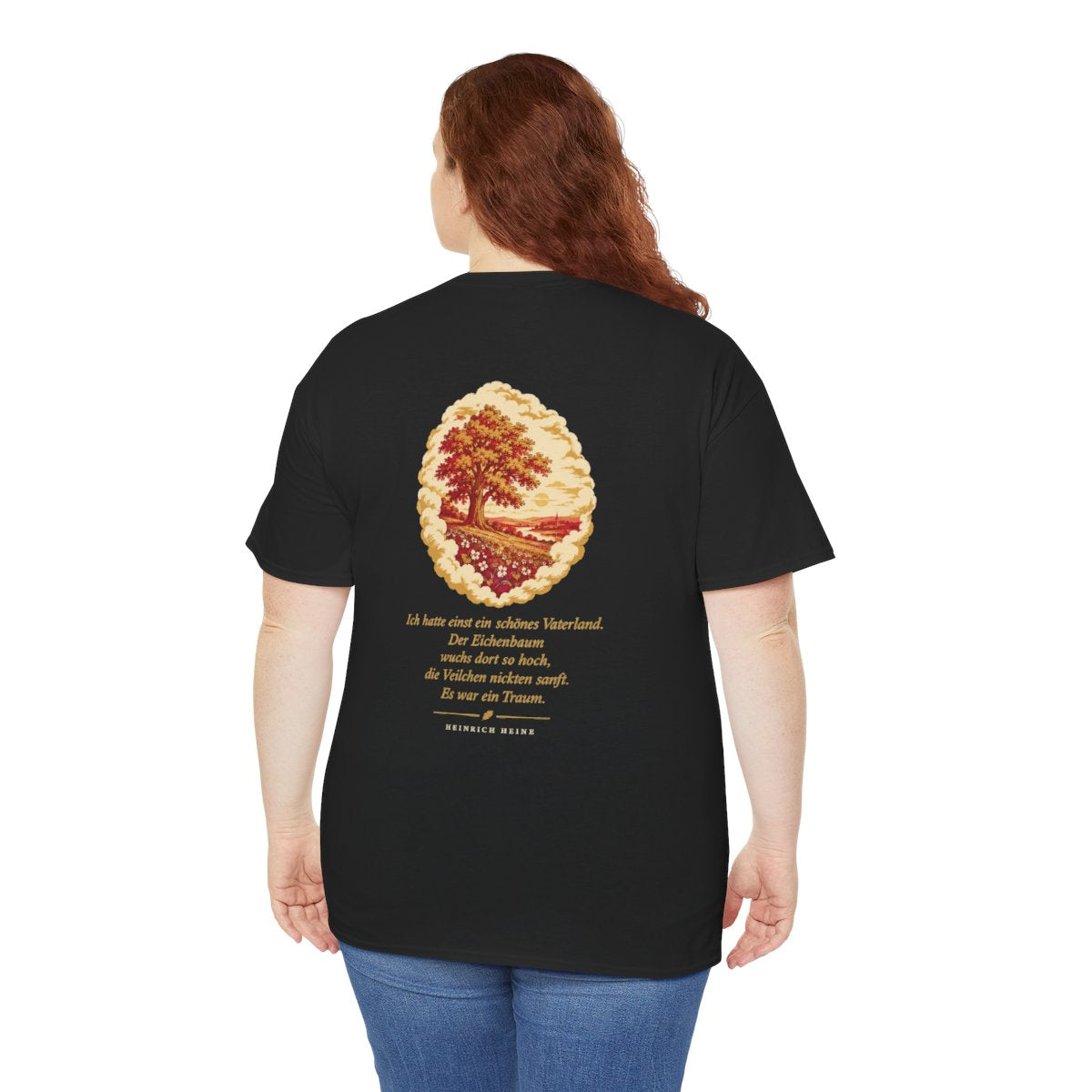 Unisex T-Shirt mit Zitat - Heine - Schönes Vaterland Traum (Druck hinten) – person-5-back