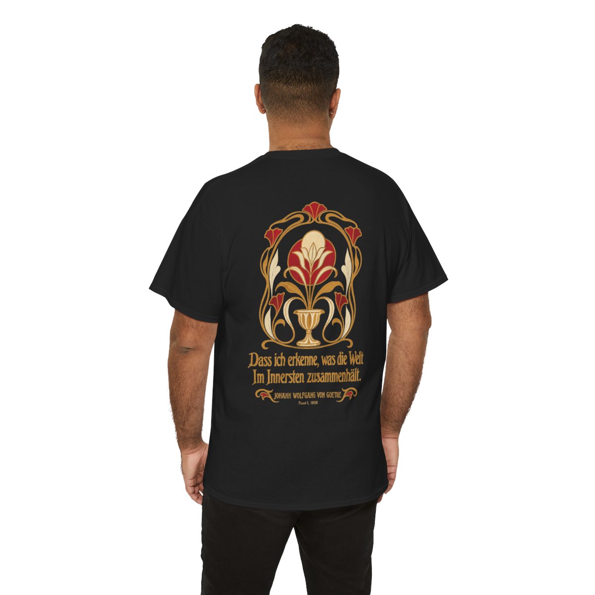 Unisex T-Shirt mit Zitat - Goethe - Dass ich erkenne, was die Welt (Druck hinten) – person-6-back