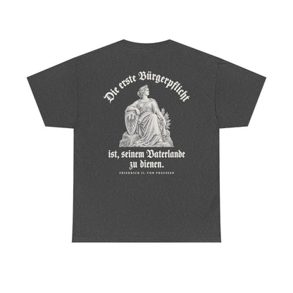 Unisex T-Shirt mit Zitat - Preußen - Die erste Bürgerpflicht Gravur (Druck hinten) – back
