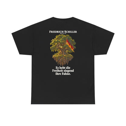 Unisex T-Shirt mit Zitat - Schiller - Es hebt die Freiheit siegend ihre Fahne (Druck hinten) – back