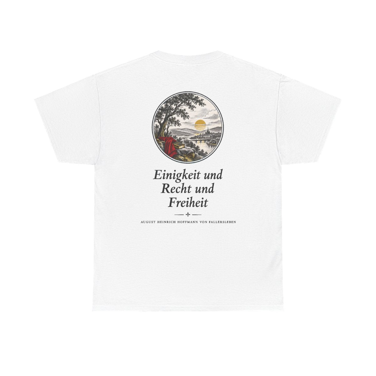 Unisex T-Shirt mit Zitat - Fallersleben - Einigkeit und Recht und Freiheit Nachtstück (Druck hinten) – back