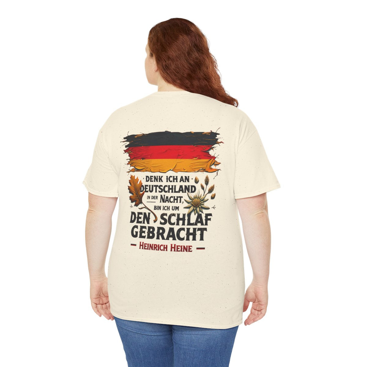 Unisex T-Shirt mit Zitat - Heine - Nachtgedanken Flagge (Druck hinten) – person-5-back