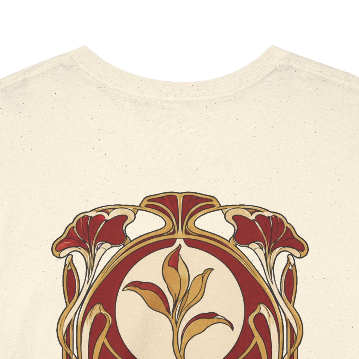 Unisex T-Shirt mit Zitat - Goethe - Im Anfang war die Tat Jugendstil (Druck hinten) – back-collar-closeup