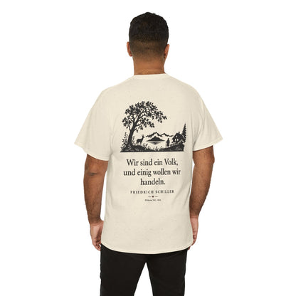 Unisex T-Shirt mit Zitat - Schiller - Wir sind ein Volk Scherenschnitt (Druck hinten) – person-6-back