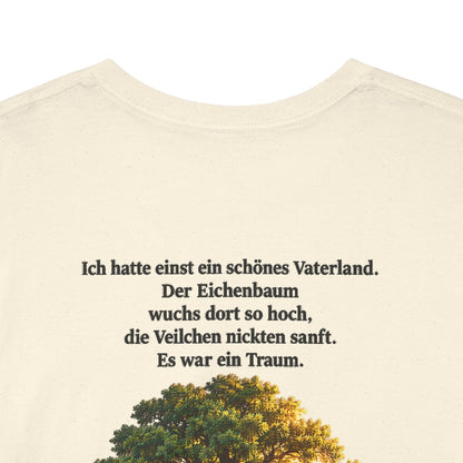 Unisex T-Shirt mit Zitat - Heine - Schönes Vaterland Eiche (Druck hinten) – back-collar-closeup