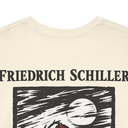 Unisex T-Shirt mit Zitat - Schiller - Auch das Schöne muss sterben Holzschnitt (Druck hinten) – back-collar-closeup