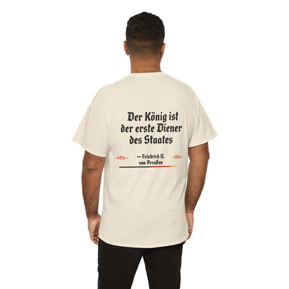 Unisex T-Shirt mit Zitat - Friedrich II. - Erster Diener des Staates (Druck hinten) – person-6-back