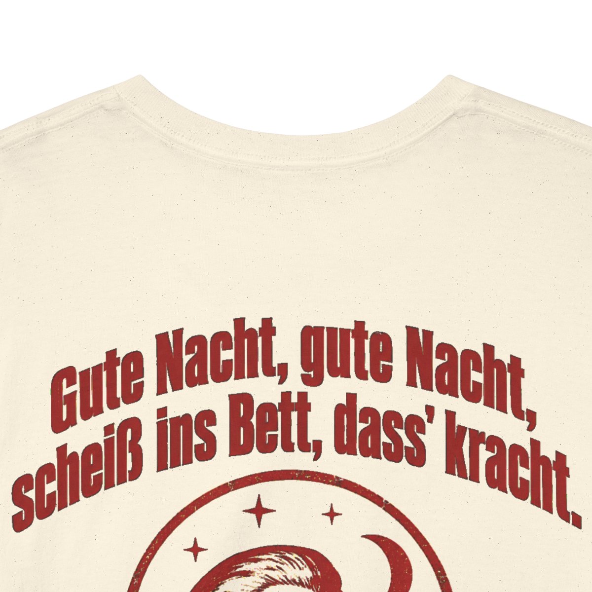 Unisex T-Shirt mit Zitat - Mozart - Gute Nacht, gute Nacht Vintage (Druck hinten) – back-collar-closeup