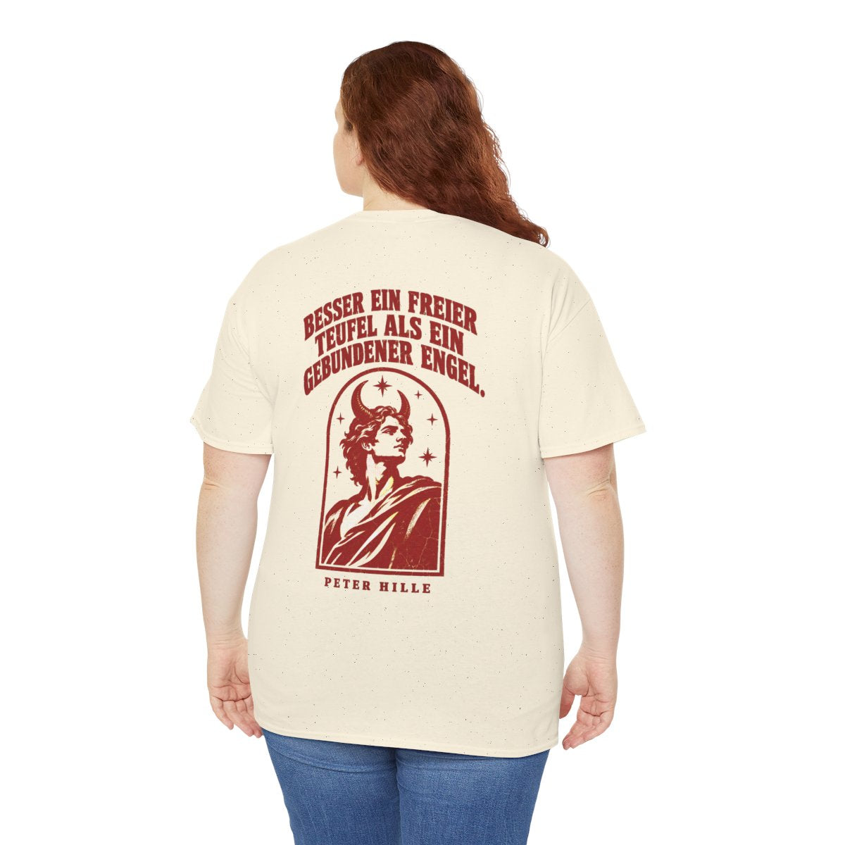 Unisex T-Shirt mit Zitat - Hille - Besser ein freier Teufel Vintage (Druck hinten) – person-5-back