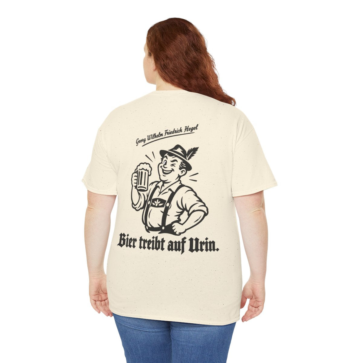 Unisex T-Shirt mit Zitat - Hegel - Bier treibt auf Urin (Druck hinten) – person-5-back