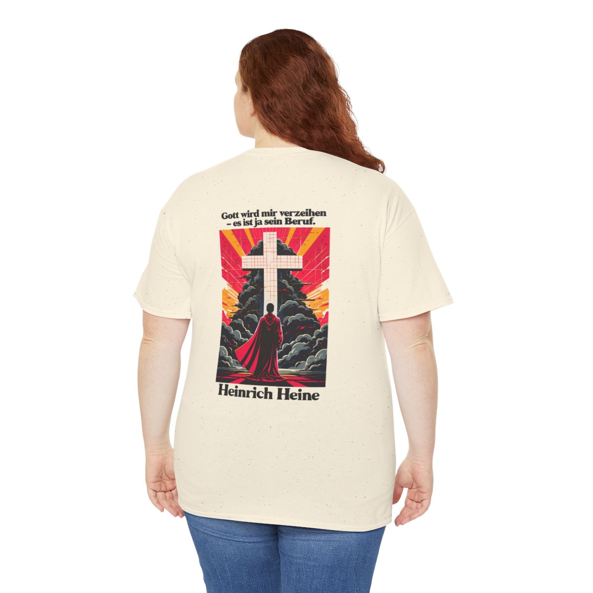 Unisex T-Shirt mit Zitat - Heine - Gott wird mir verzeihen (Druck hinten) – person-5-back