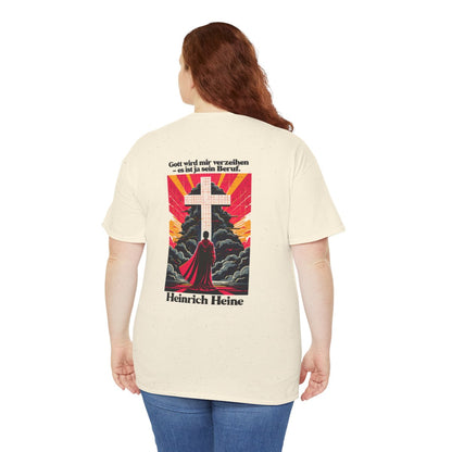 Unisex T-Shirt mit Zitat - Heine - Gott wird mir verzeihen (Druck hinten) – person-5-back