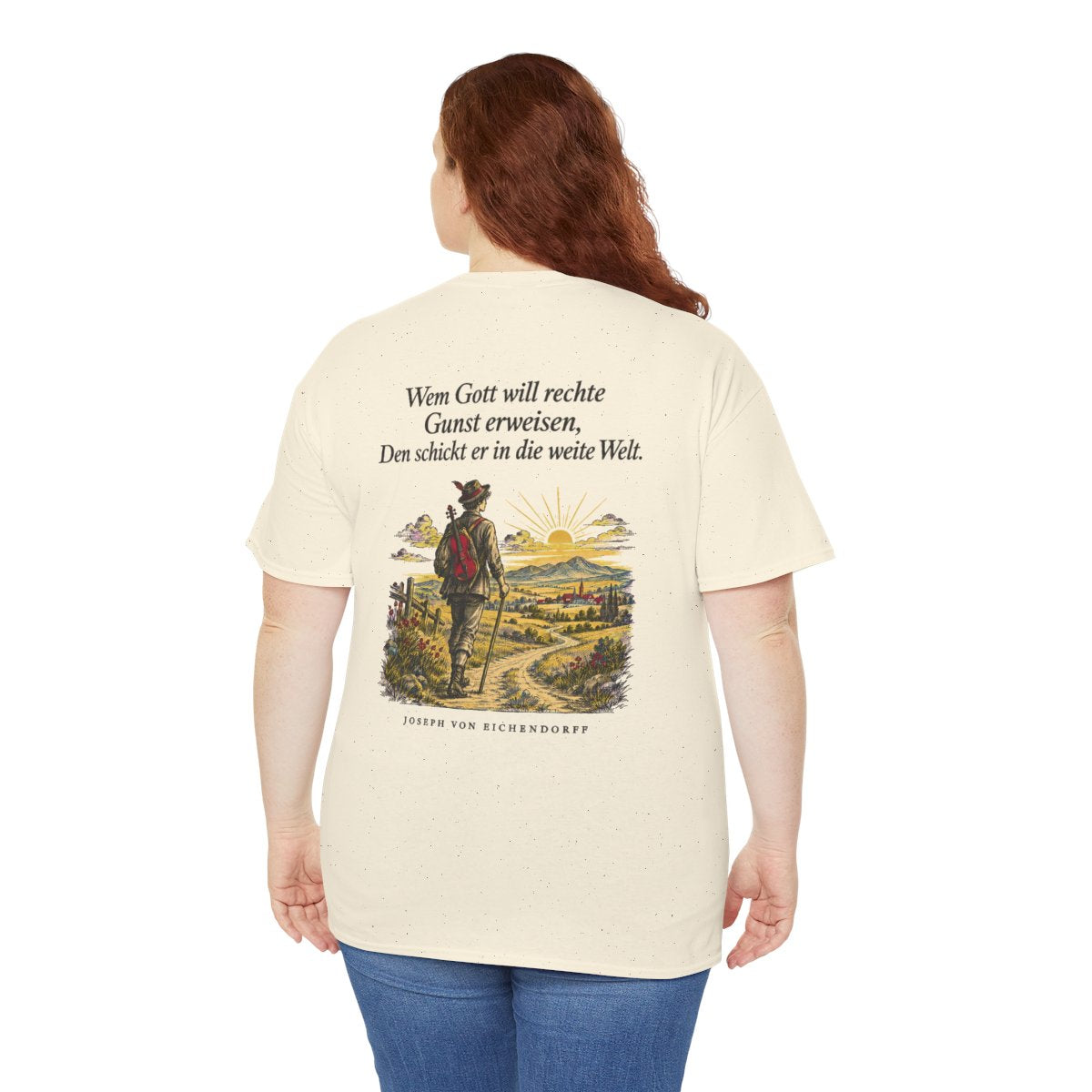 Unisex T-Shirt mit Zitat - Eichendorff - In die weite Welt (Druck hinten) – person-5-back
