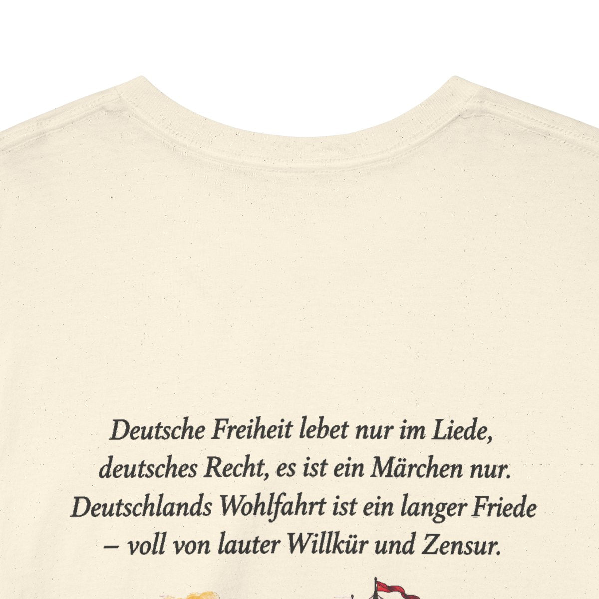 Unisex T-Shirt mit Zitat - Fallersleben - Deutsche Freiheit lebet nur im Liede (Druck hinten) – back-collar-closeup
