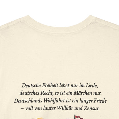 Unisex T-Shirt mit Zitat - Fallersleben - Deutsche Freiheit lebet nur im Liede (Druck hinten) – back-collar-closeup
