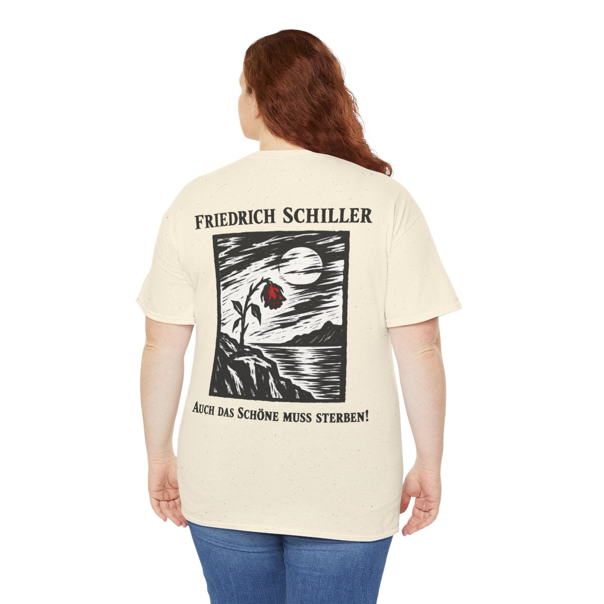 Unisex T-Shirt mit Zitat - Schiller - Auch das Schöne muss sterben Holzschnitt (Druck hinten) – person-5-back