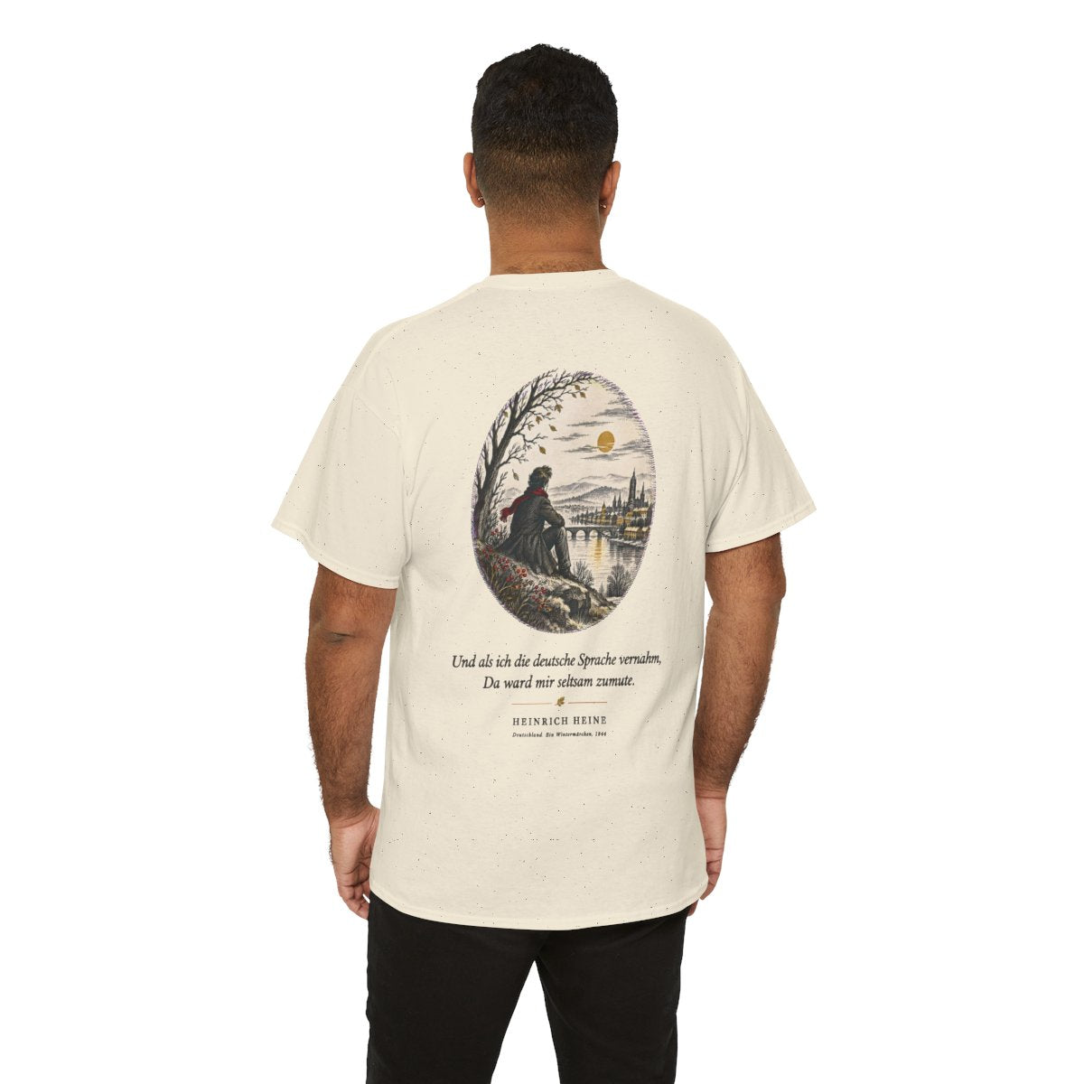 Unisex T-Shirt mit Zitat - Heine - Und als ich die deutsche Sprache vernahm Nachtstück (Druck hinten) – person-6-back