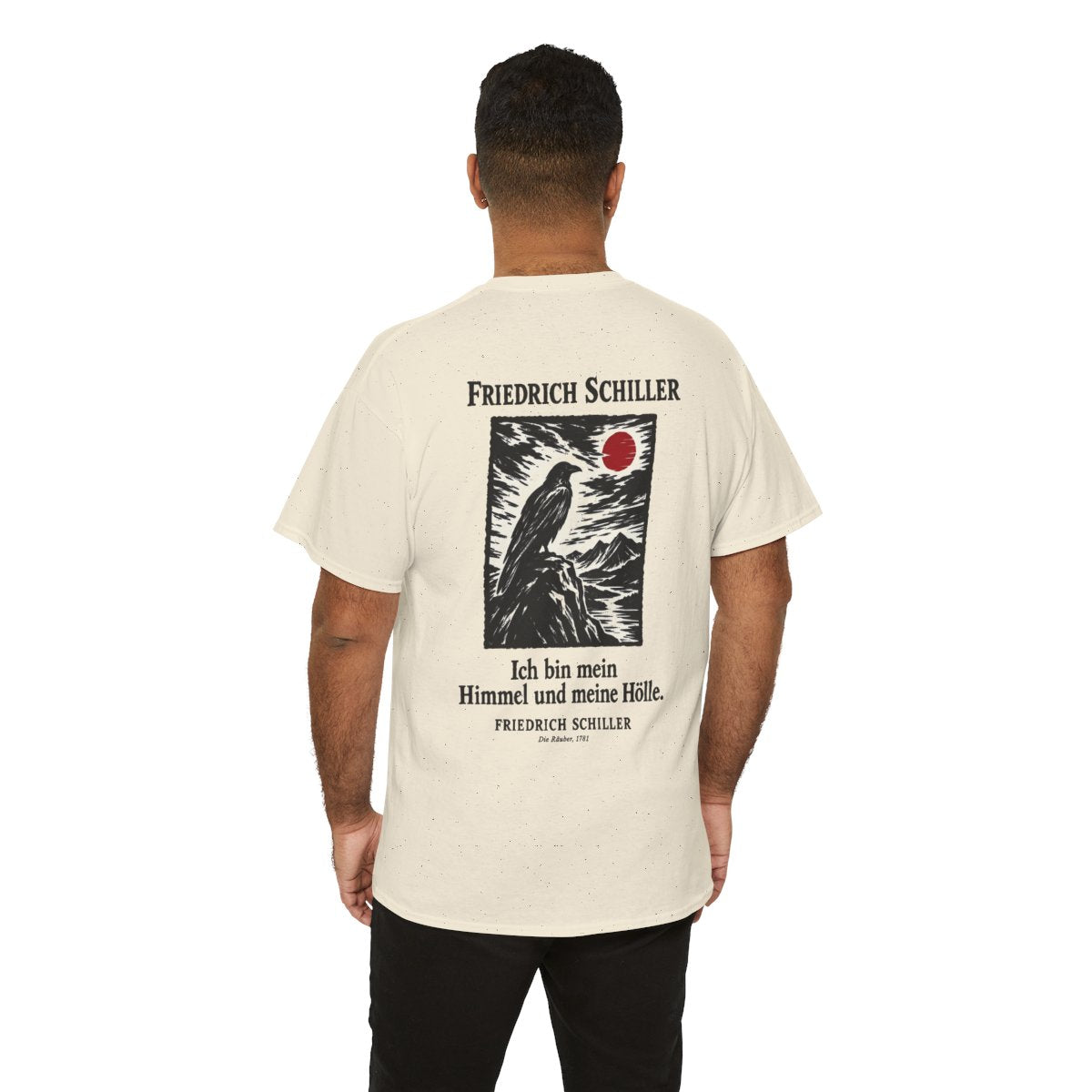 Unisex T-Shirt mit Zitat - Schiller - Ich bin mein Himmel und meine Hölle Holzschnitt (Druck hinten) – person-6-back