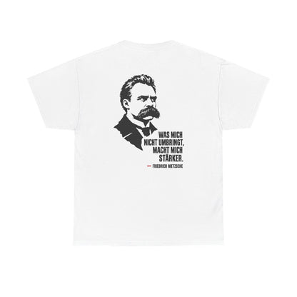 Unisex T-Shirt mit Zitat - Friedrich Nietzsche - Was mich nicht umbringt (Druck hinten) – back