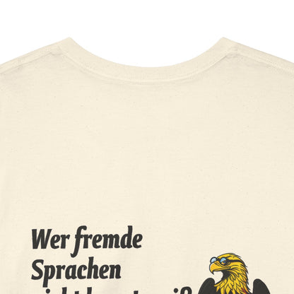 Unisex T-Shirt mit Zitat - Goethe - Fremde Sprachen (Druck hinten) – back-collar-closeup