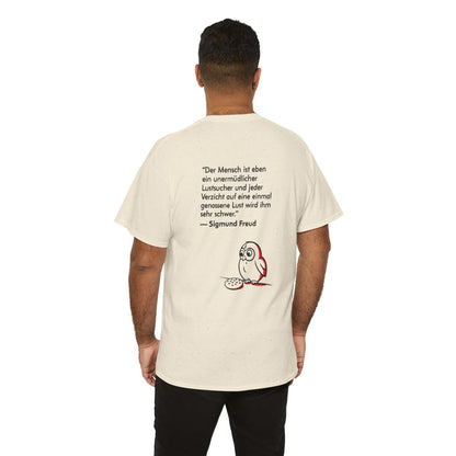 Unisex T-Shirt mit Zitat - Freud - Unermüdlicher Lustsucher (Druck hinten) – person-6-back