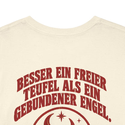 Unisex T-Shirt mit Zitat - Hille - Besser ein freier Teufel Vintage (Druck hinten) – back-collar-closeup