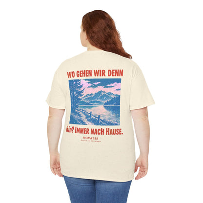 Unisex T-Shirt mit Zitat - Novalis - Wo gehen wir denn hin (Druck hinten) – person-5-back