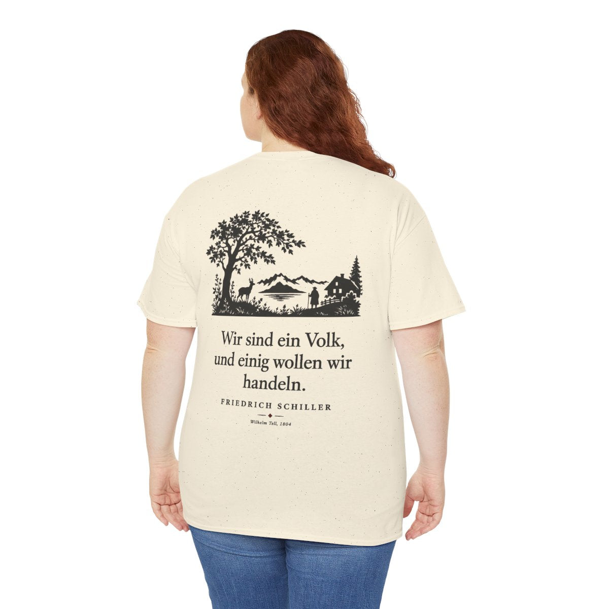 Unisex T-Shirt mit Zitat - Schiller - Wir sind ein Volk Scherenschnitt (Druck hinten) – person-5-back