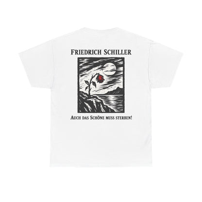 Unisex T-Shirt mit Zitat - Schiller - Auch das Schöne muss sterben Holzschnitt (Druck hinten) – back